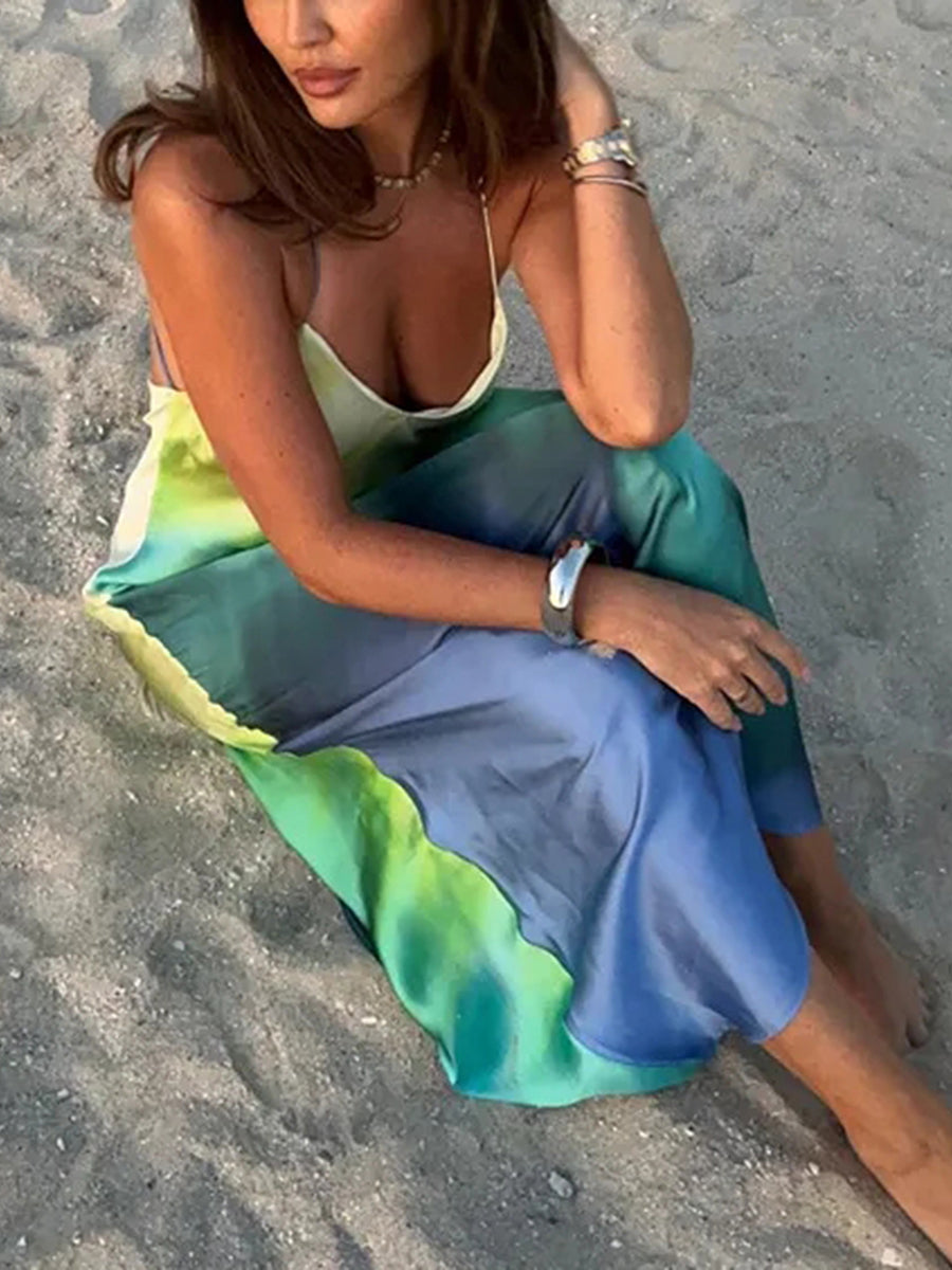 Women's Summer Cami Long Dress Gradient Color Spaghetti Strap V-Neck Backless Beach Party Dress Sundress Beachwear