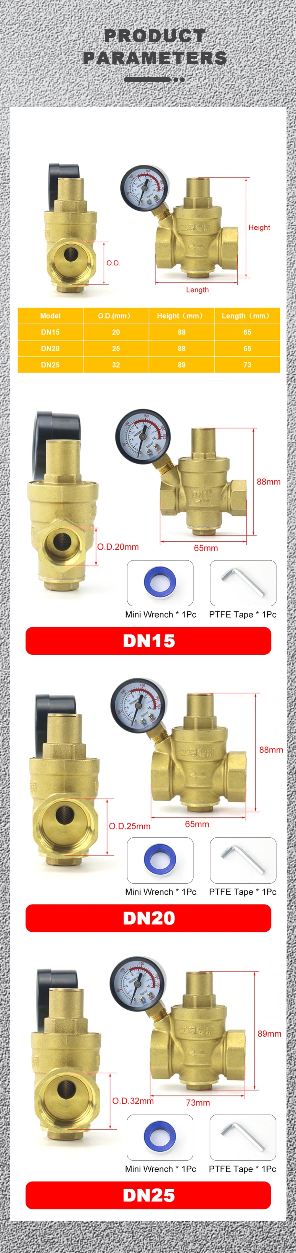 DN15 DN20 DN25 Brass Water Pressure Reducing Maintaining Valve 1/2" 3/4" 1" Adjustable Relief Valve With Gauge Meter
