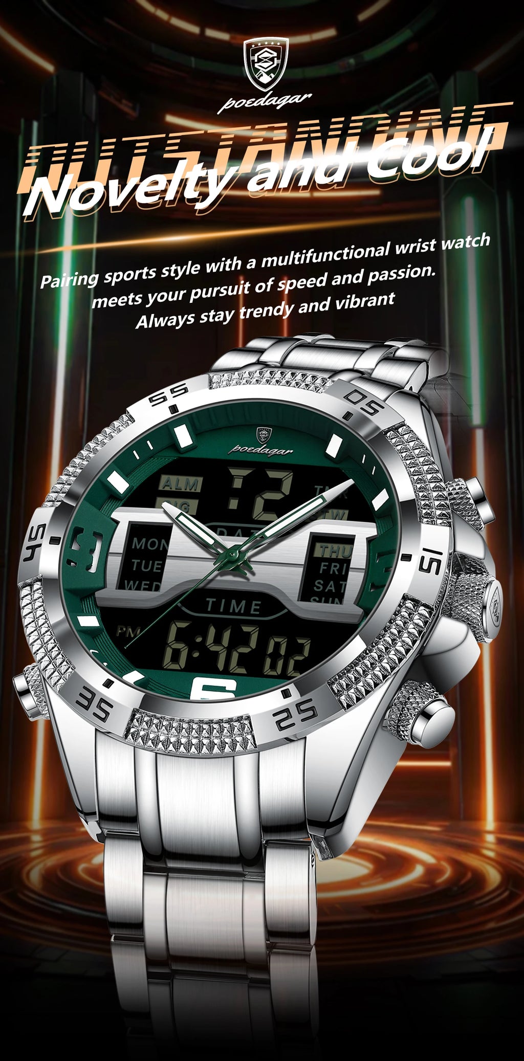 POEDAGAR LED Luxury Men Watch Sports Dual Time Display Digital Luminous Week Date Man Wristwatch Electronic Quartz Men's Watches