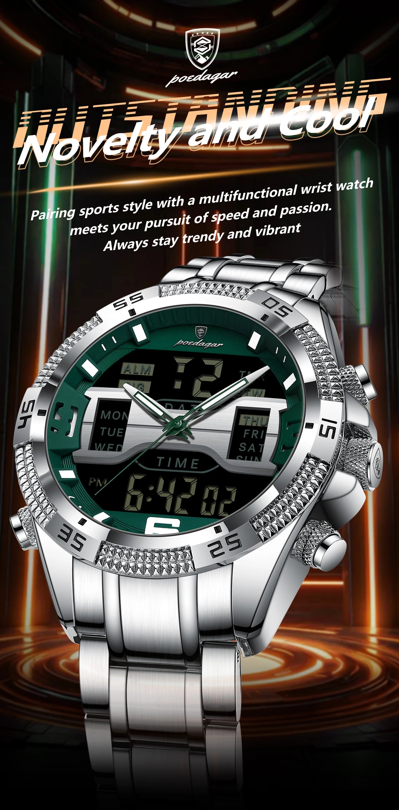 POEDAGAR LED Luxury Men Watch Sports Dual Time Display Digital Luminous Week Date Man Wristwatch Electronic Quartz Men's Watches