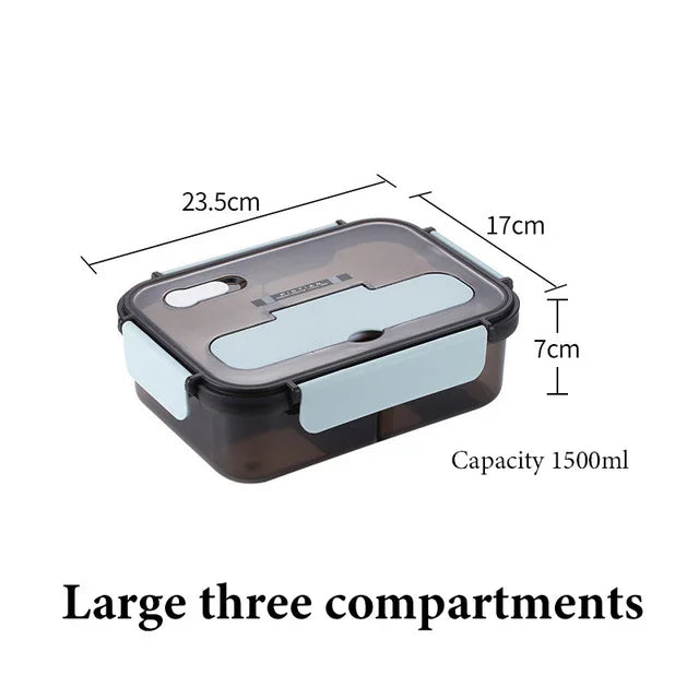 1500ML Lunch Box Food Storage Box 3 Grids Student Office Worker Microwave Bento Box Outdoor Picnic Container With Fork Spoon