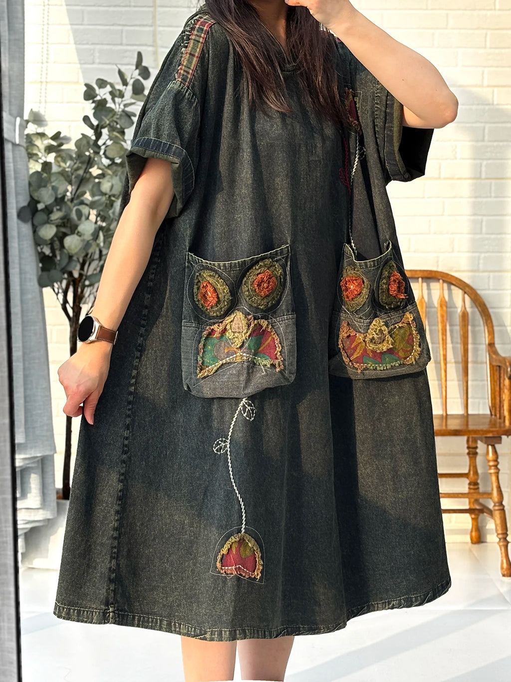 Travel Ethnic Style Artistic Embroidered Hooded Short-Sleeve Denim Dress Women Large Pockets Loose Dress LX5249