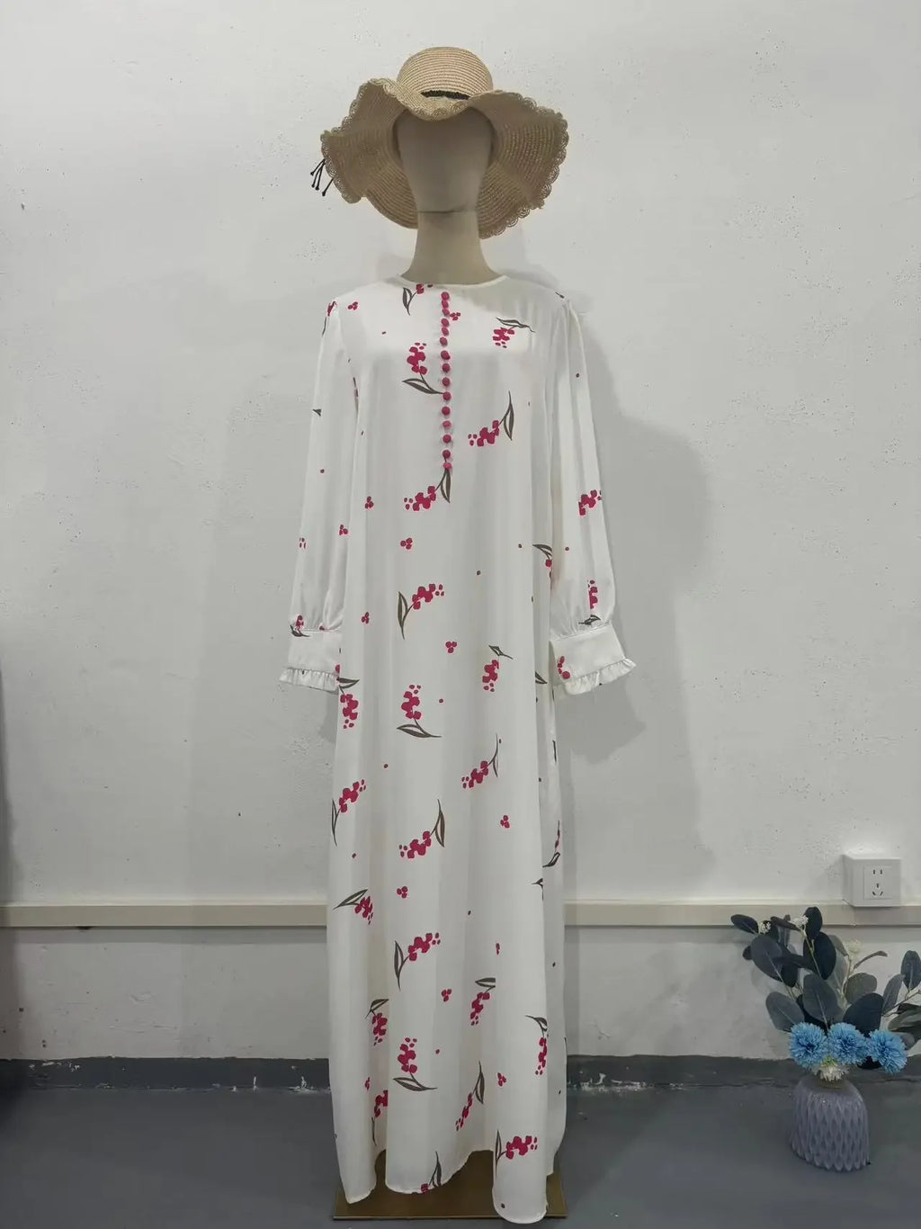 Eid Muslim Party Dress for Women Sweet Print Long Dresses Button Ramadan Morocco Vestidos Largos Dubai Turkey Robe Jalabiya 2024