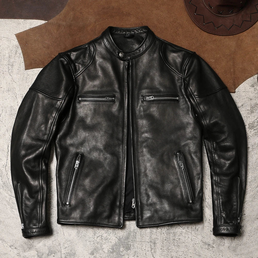 Black Winter Leather Jacket Men Sports Style Plus Size 5XL Genuine Natural Thick Cowhide Stand Collar Slim Fit Short Coat