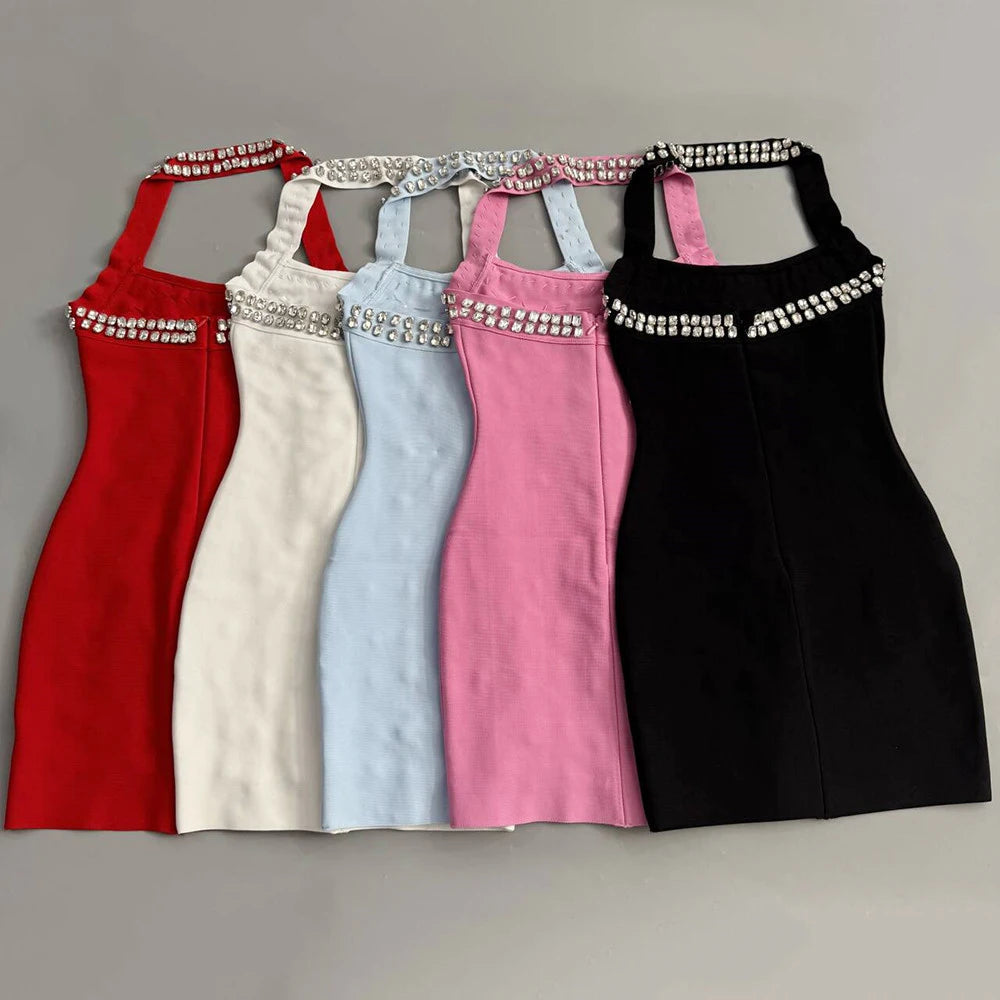 Luxury Diamond Rhinestone Women Summer Halter Bandage Dress Club Evening Party Mini Dresses