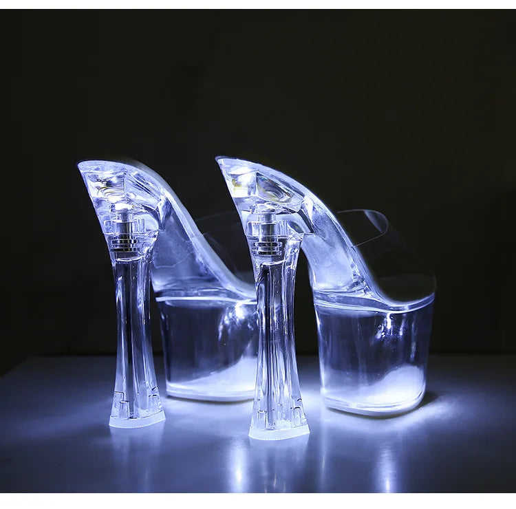 Glowing Crystal High Heels 17cm Nightclub Shoes Sexy Transparent Waterproof Platform Showgirl Stiletto Women's Sandals