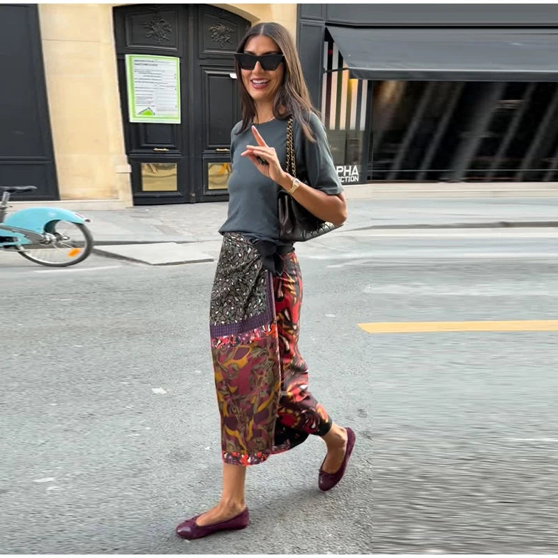 High Waist Wrap Tie Midi Skirt Color Block Abstract Floral Patchwork Print Flowy Satin Skirts 2026 Summer Holiday Boho Chic Wear