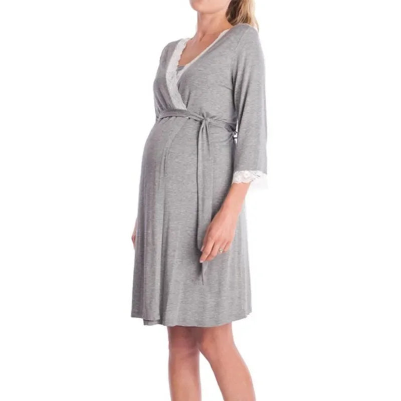 Fashion Lace Three-quarter Sleeve Maternity Nightdress Loose Bathrobe Pregnant Women Nightgown
