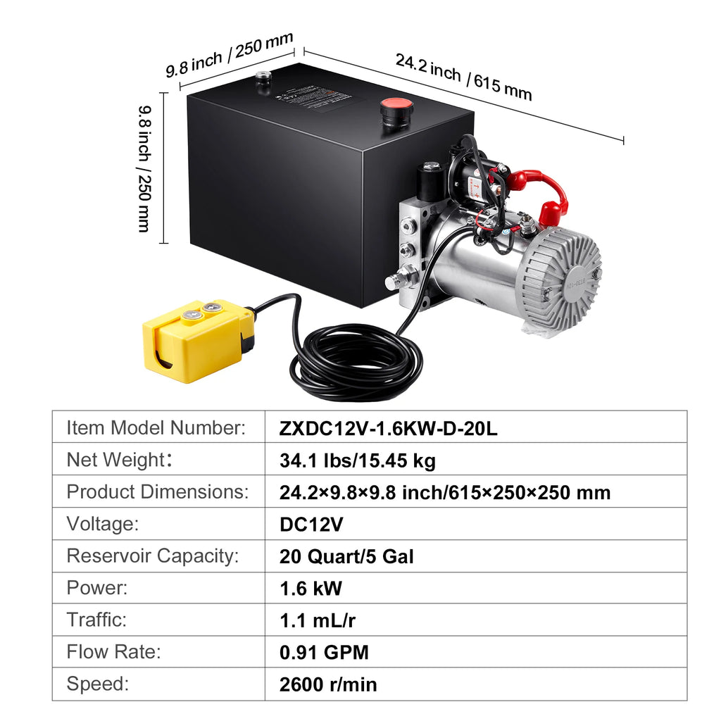 SucceBuy Hydraulic Pump 4-20 Quart Dump Trailer Pump Single Acting Dump Trailer Pump DC 12V Hydraulic Power Unit for Car Lifting