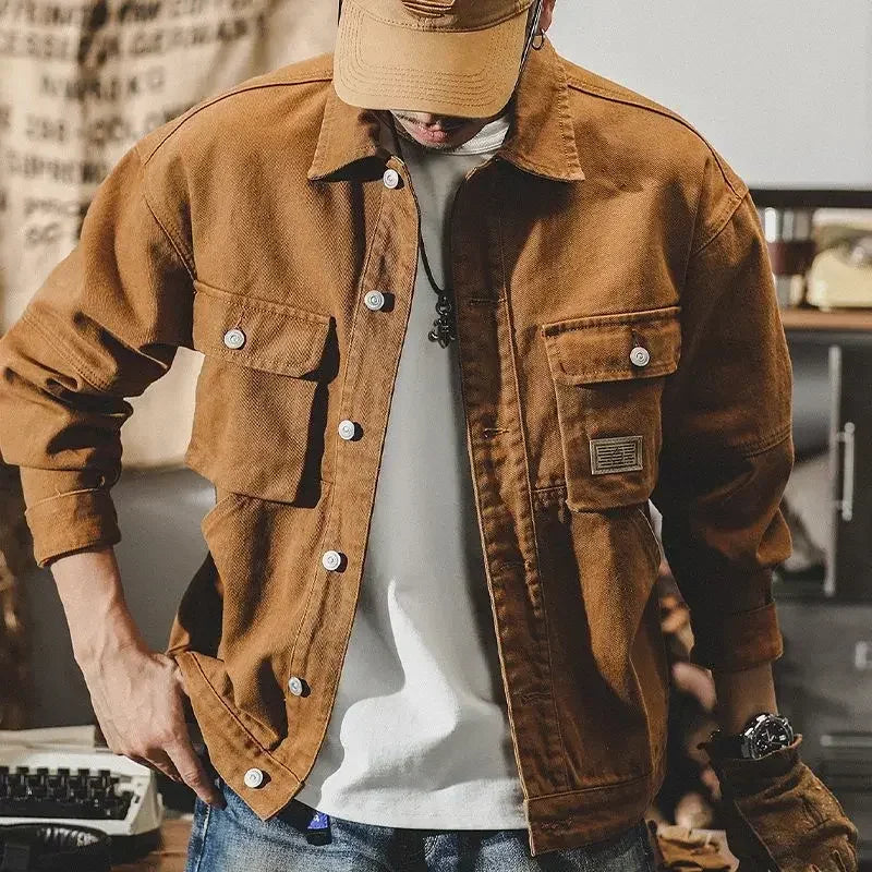 Men's Denim Jacket Vintage Brown Male Jean Coats Cargo Designer Washed Clothing Winter 2025 Korean Style Elatic Original Cowboy
