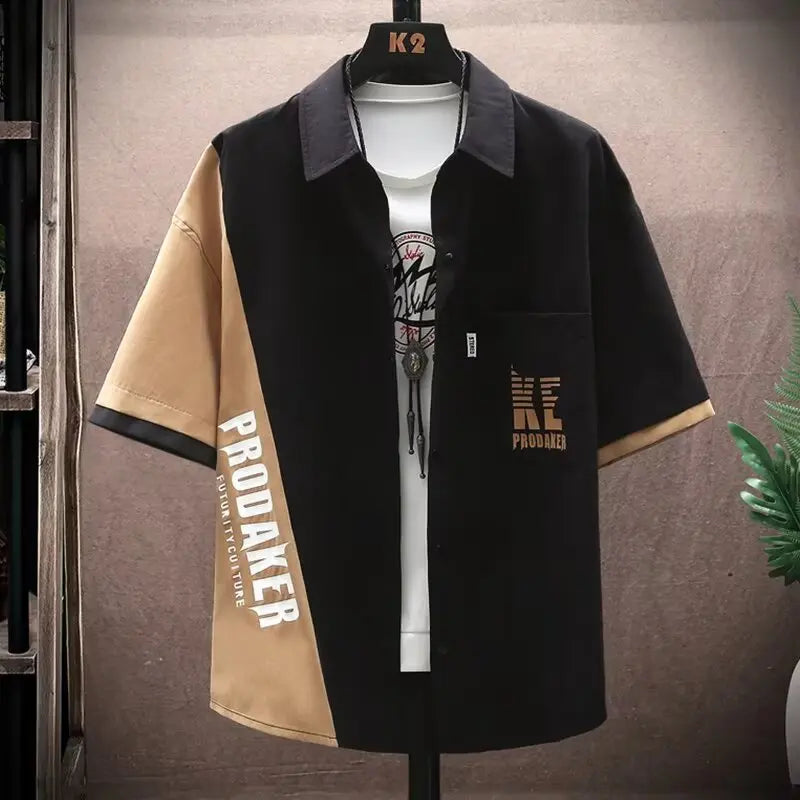 New Shirts for Men Patchwork Graphic T-shirts Men's Clothing Summer Casual Short Sleeved Daily Street Tops Loose Oversized Shirt