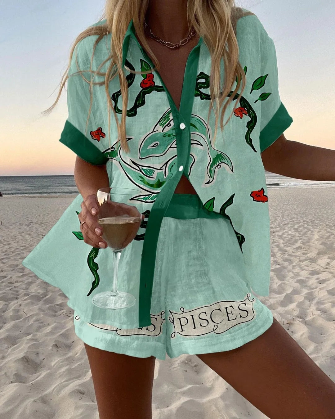 Fashion Women's Beach Holiday 2-Piece Suit Summer Print Short Sleeve Shirt Wide Legs Short Loose Two-Piece Sets Women Outfit