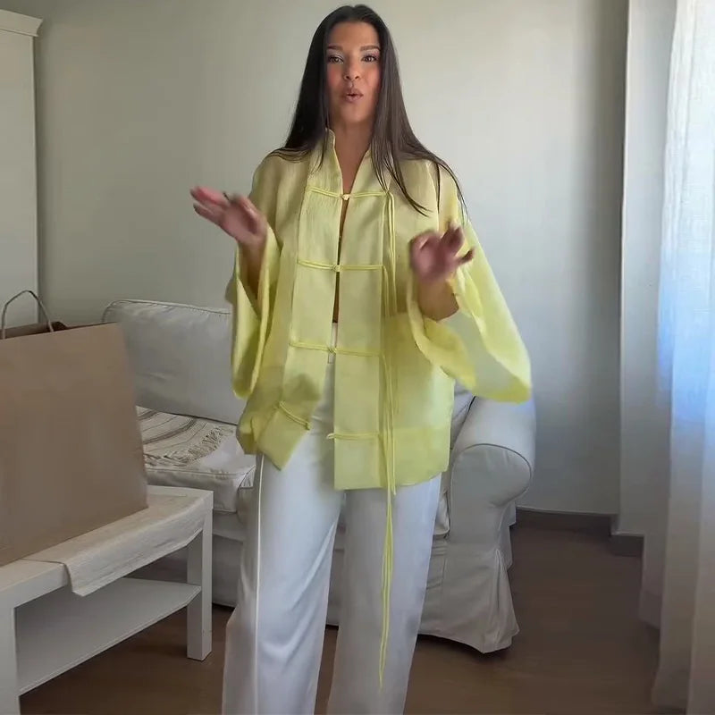 Loose Women's Frog Buttons Mandarin Shirts See Through Stand Collar Full Sleeve Blouses 2026 Summer Lady Cotton Linen Outwear