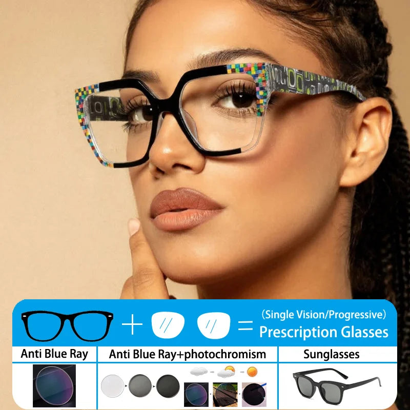 New Square Grid Pattern Frame Photochromic Anti Blue Ray Femal Sunglasses Presbyopic Hyperopia Short Sight Prescription Eyeglass