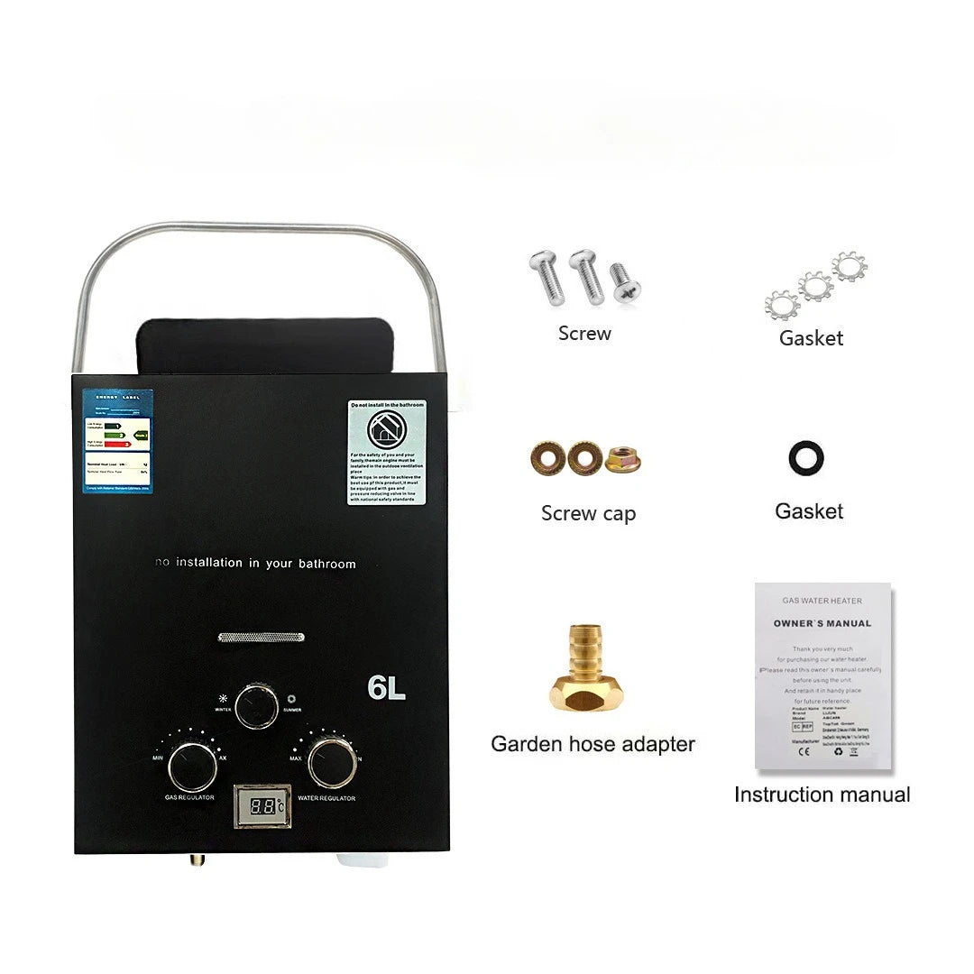 LPG Propane Water Heater 6L Instant Gas Water Heater Overheat & Dry-Burn Protection with Digital Display for Camping RVs Cabin