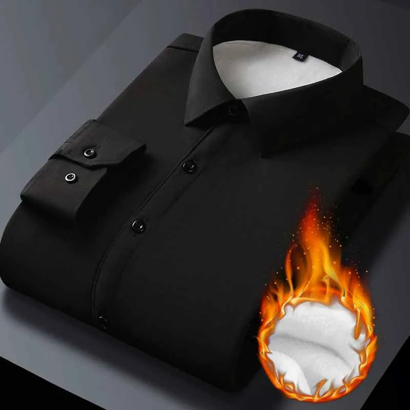Men's Business Formal Lapel Shirts Autumn and Winter Thickened Warm Office Work Shirt Men Solid Color Casual Long Sleeve Tops