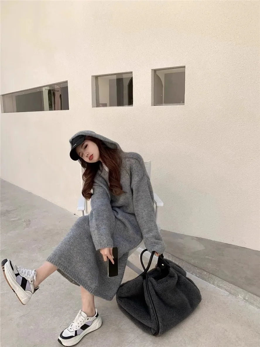Korean style autumn hooded cashmere sweater long sweater dress loose women's knitted woolen hoodie