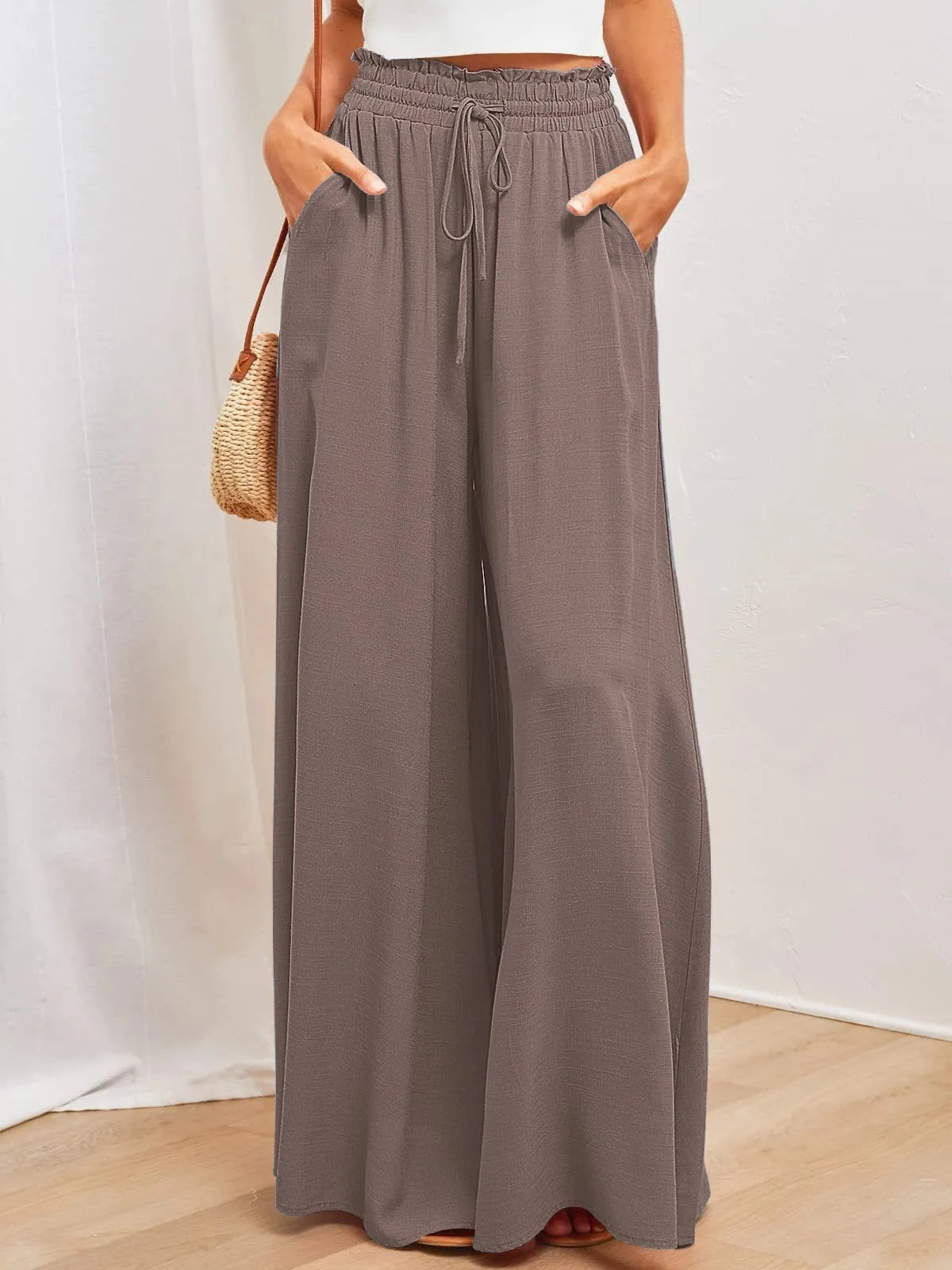 Women's Elastic Long Palazzo Pants Casual Urban Style Tie Detail Polyester Blend Woman Clothes Female Clothing Women's And