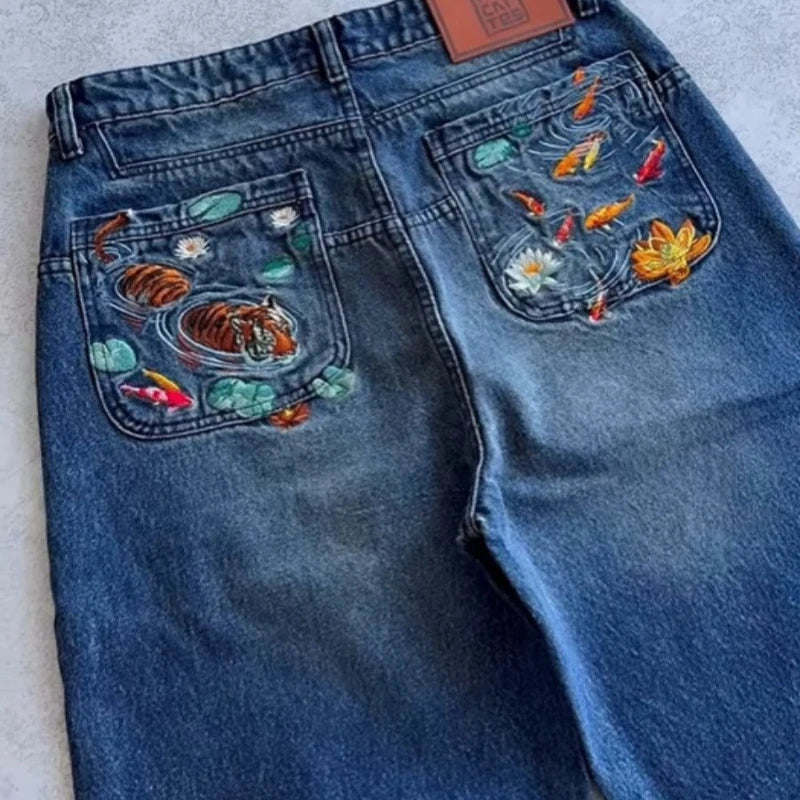 Mens Jeans Embroidery Goldfish Tiger Washed Denim Pants Harajuku Unisex Loose Fit Straight Leg Dark Blue Casual Streetwear New