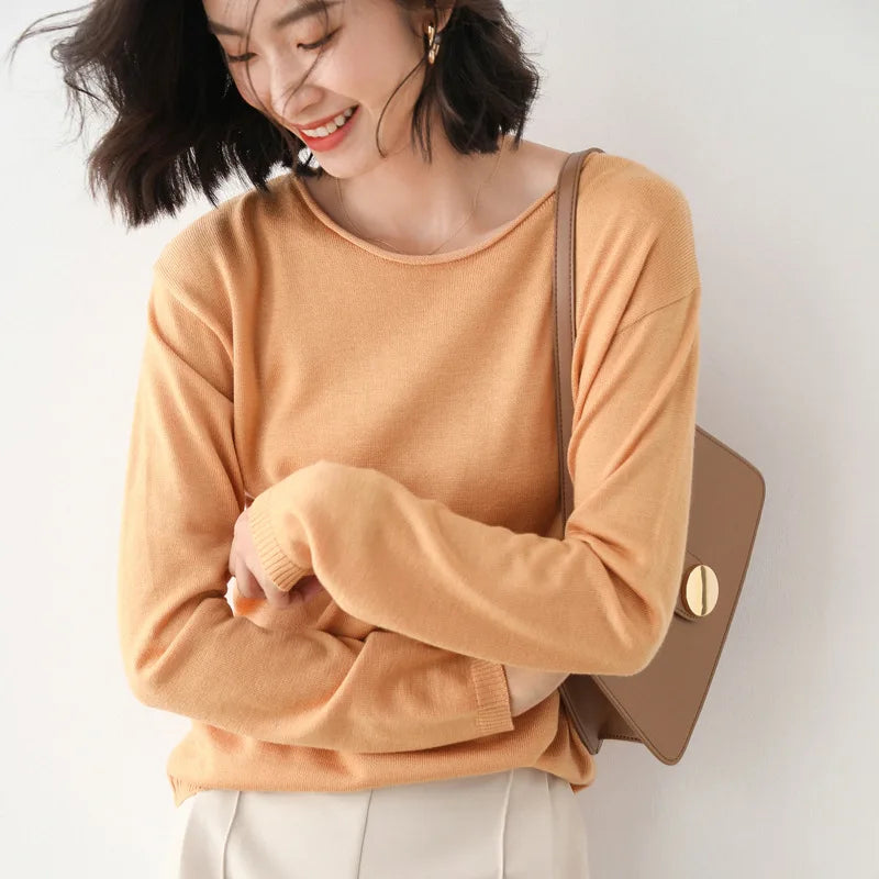 2025 Spring Autumn Womens Sweater Solid Knitwear Korean Loose Female Basic Casual Jumpers Stretch Pullover Sky Blue Pink Sweater