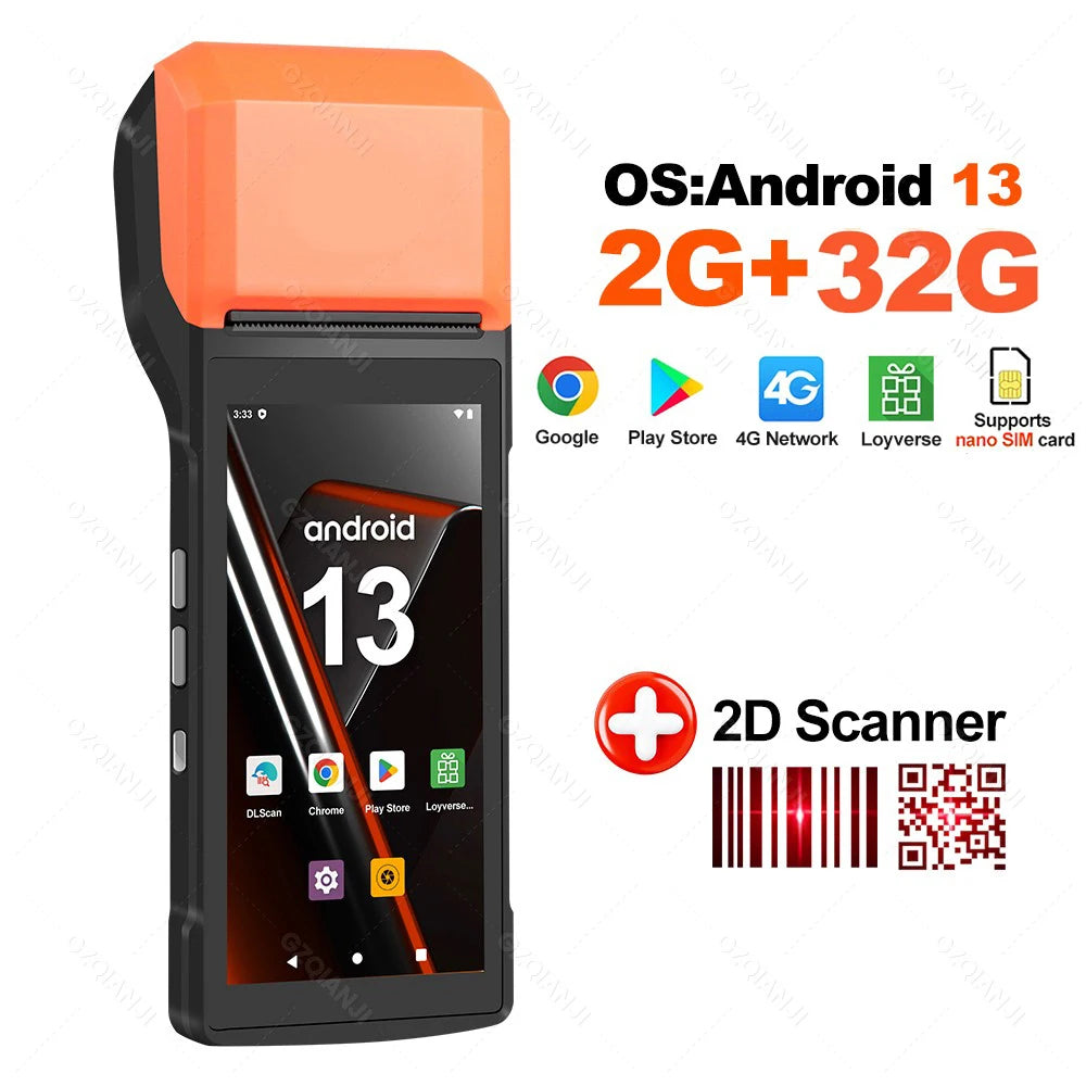 Handheld POS Android 13 Bluetooth Wifi, 2D Barcode Scanner optional, Built-in 58MM Thermal Receipt Printer For Business,Store