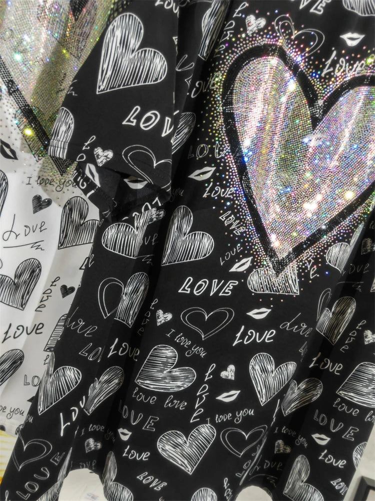Fashion Brand Tshirts Heavy Industry High Temperature Rhinestone Love Cartoon Summer New Short Sleeve T-shirt Chiffon  Tees Tops