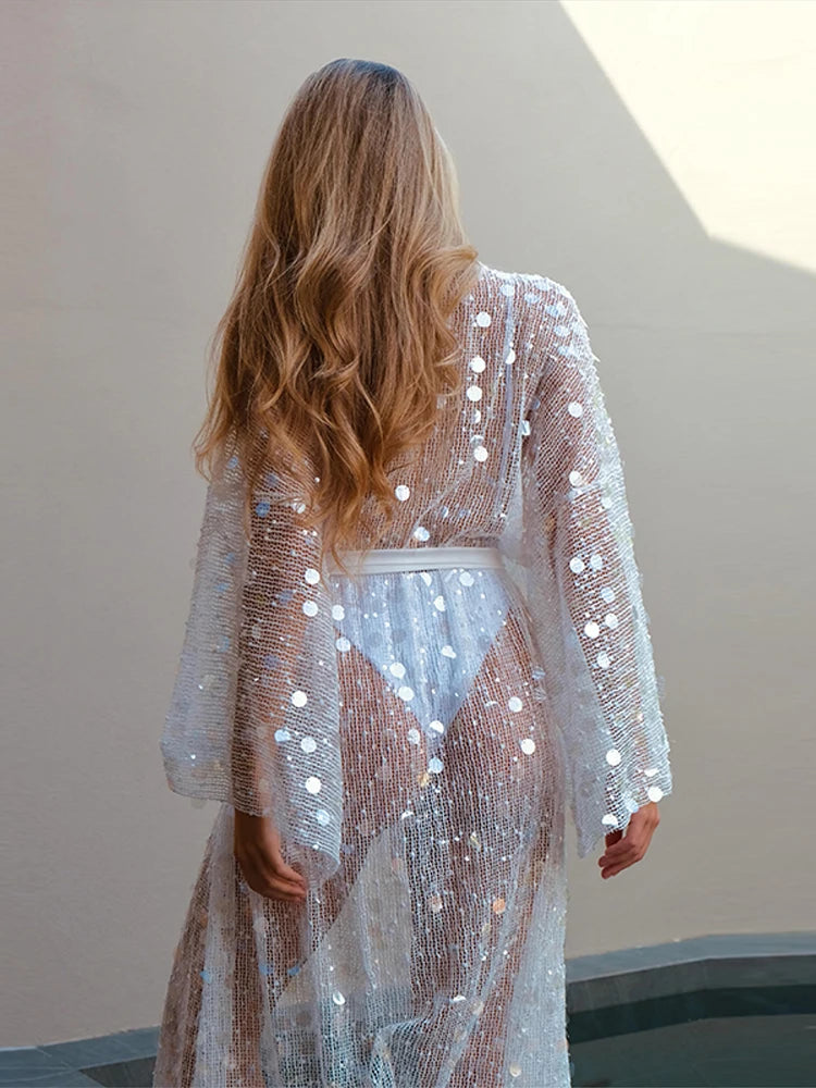 Sequined Hollow Out Long Dress Women Sexy V-neck Full Sleeve Mesh Patchwork Lace Up Cardigan Party Evening Dresses New Beachwear