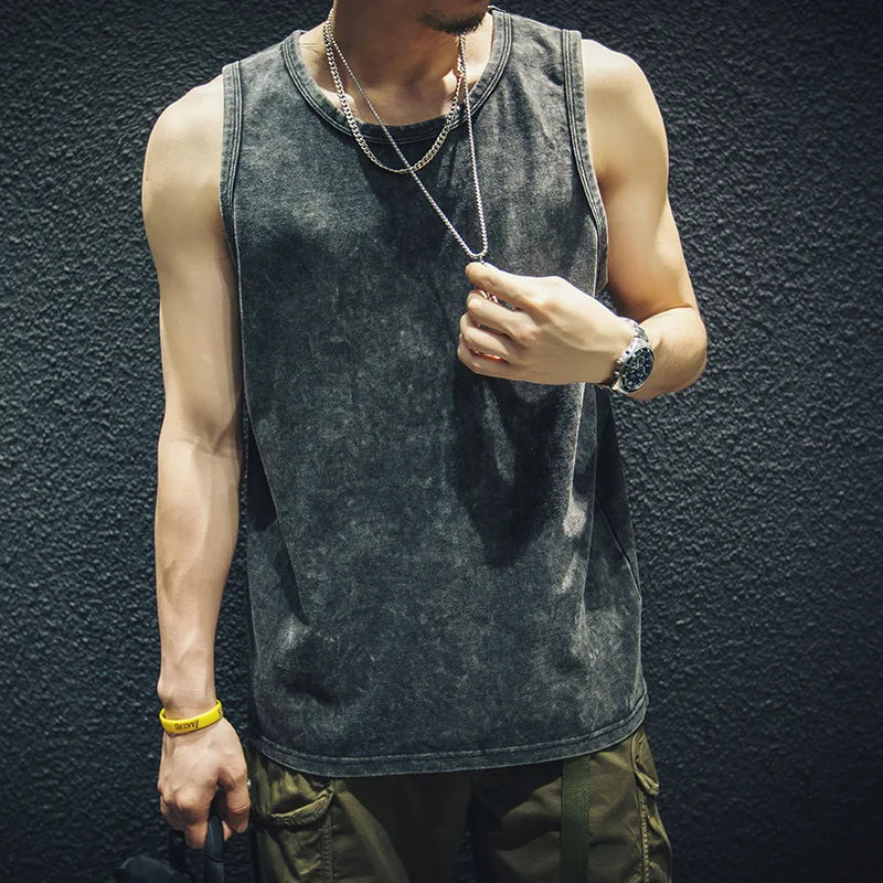 100% Cotton Men's Summer T Vintage Washed Vest Male Tops Round Neck Loose Oversized Large Size Casual Basic Streetwear Vest
