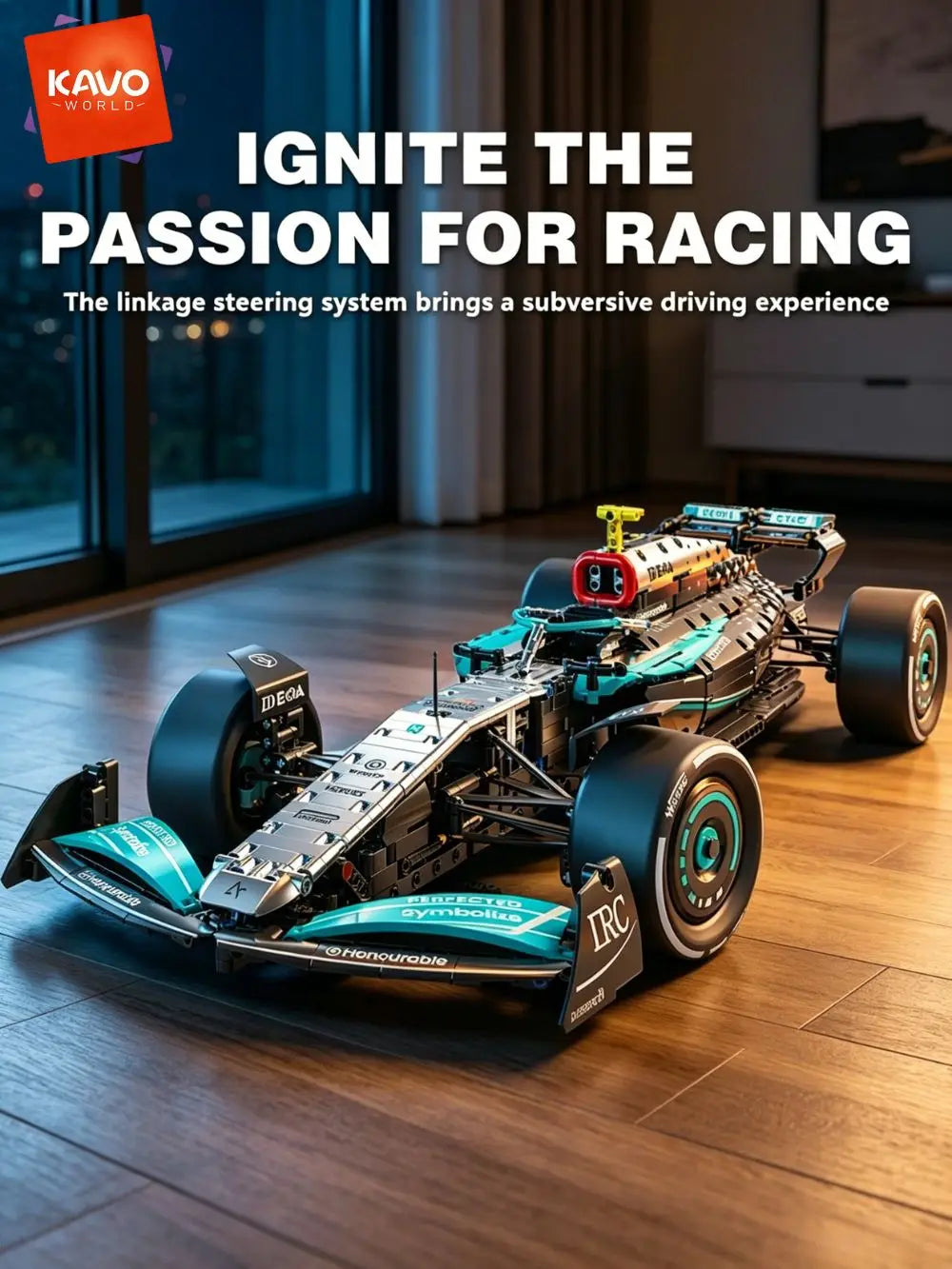 KAVOWORLD DIY Technical Champions Drift Racing Car Brick Model 1:8  Building Blocks Sports Car Puzzle Toys For Home Display Desktop Decor Interlocking Steering Mechanism Realistic Rear Wing Structure Birthday Christmas New Ye