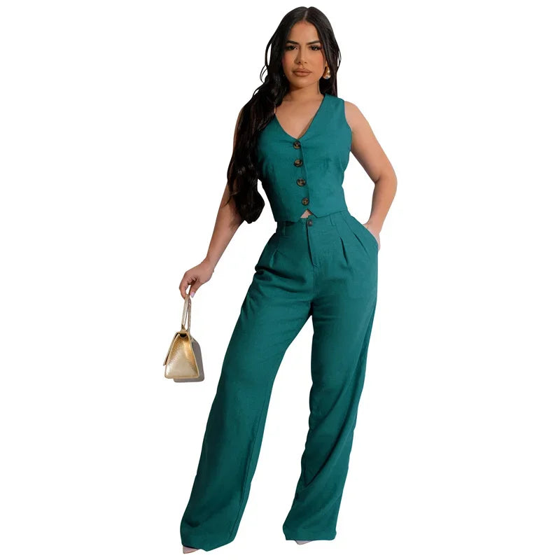 Fashion Elegant Two Piece Set for Women Workwear Office Lady Sleeveless Vest Single-breasted Top + Wide Leg Pants Business Suit