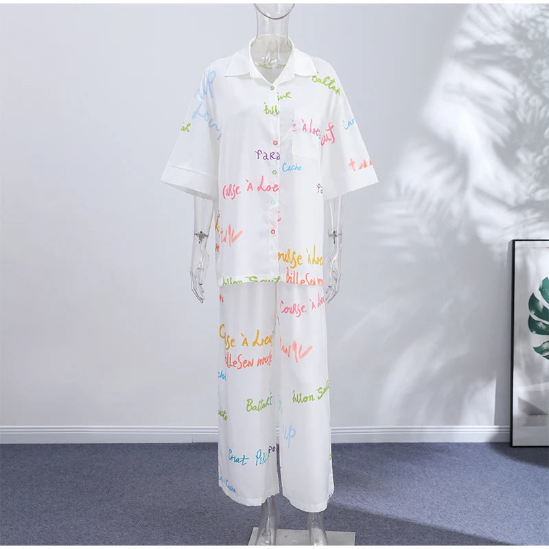 Vacation Geometric Printed Loose Pants Sets Women Lapel Full Sleeve Pocket Shirts Wide Leg Pant Suits 2026 Summer Street Outfit