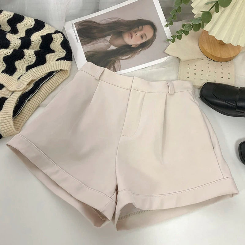 Elegant Suit Shorts Women Solid High Waist Wide Leg Shorts Office Lady Korean Fashion Black White Simple All Match Short Pants