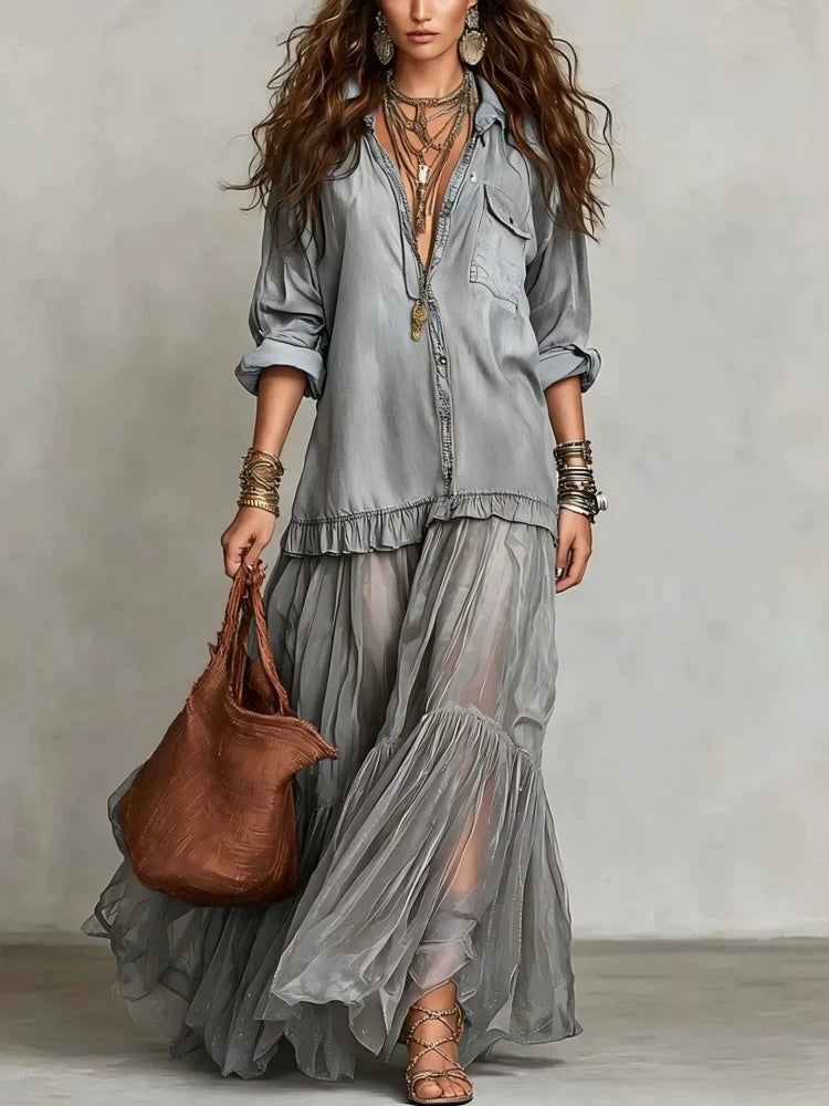 Women's Denim Maxi Dress Mesh Splice Long Sleeve Turn Down Collar Single-breasted Belted Organza Hem Casual Elegant Shirt Dress