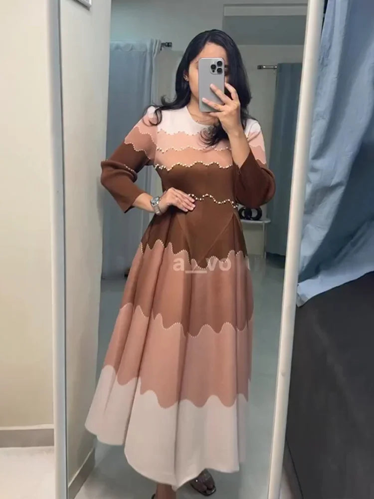 EGRM Pleated Party Dress Women's High Quality Beaded Color Block Long Sleeve Loose Fit Flared Maxi Evening Dresses 9R5303