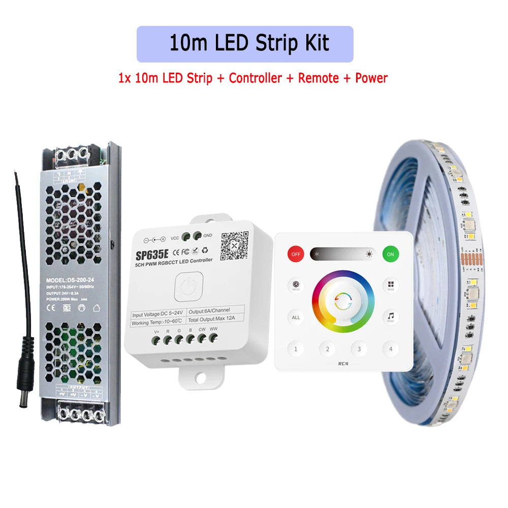 5m 10m 20m RGB+CCT LED Strip 24V 5050 Colorful+Dual White Flexible Dimmable Room Party Light Decor RF Touch Remote Control Kit