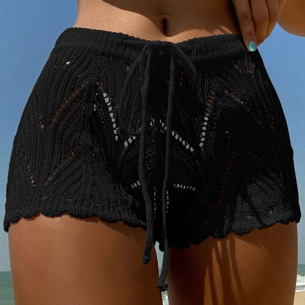 Womens Knitting Shorts Drawstring Hollow Out Elastic Waist Knitted Vacation Bikini Blocked Shorts