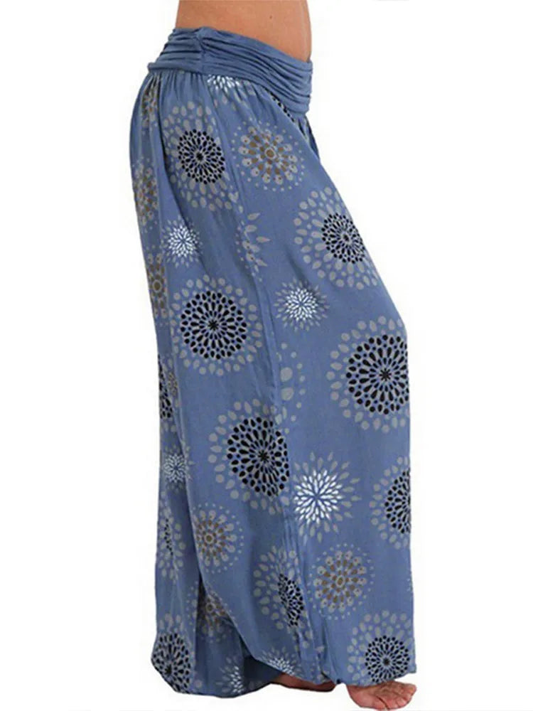 Women's Pants Floral Printed Patchwork Pleaded Harem Pants Bohemian Female High Waist Wide Leg Trousers Casual Ladies Streetwear