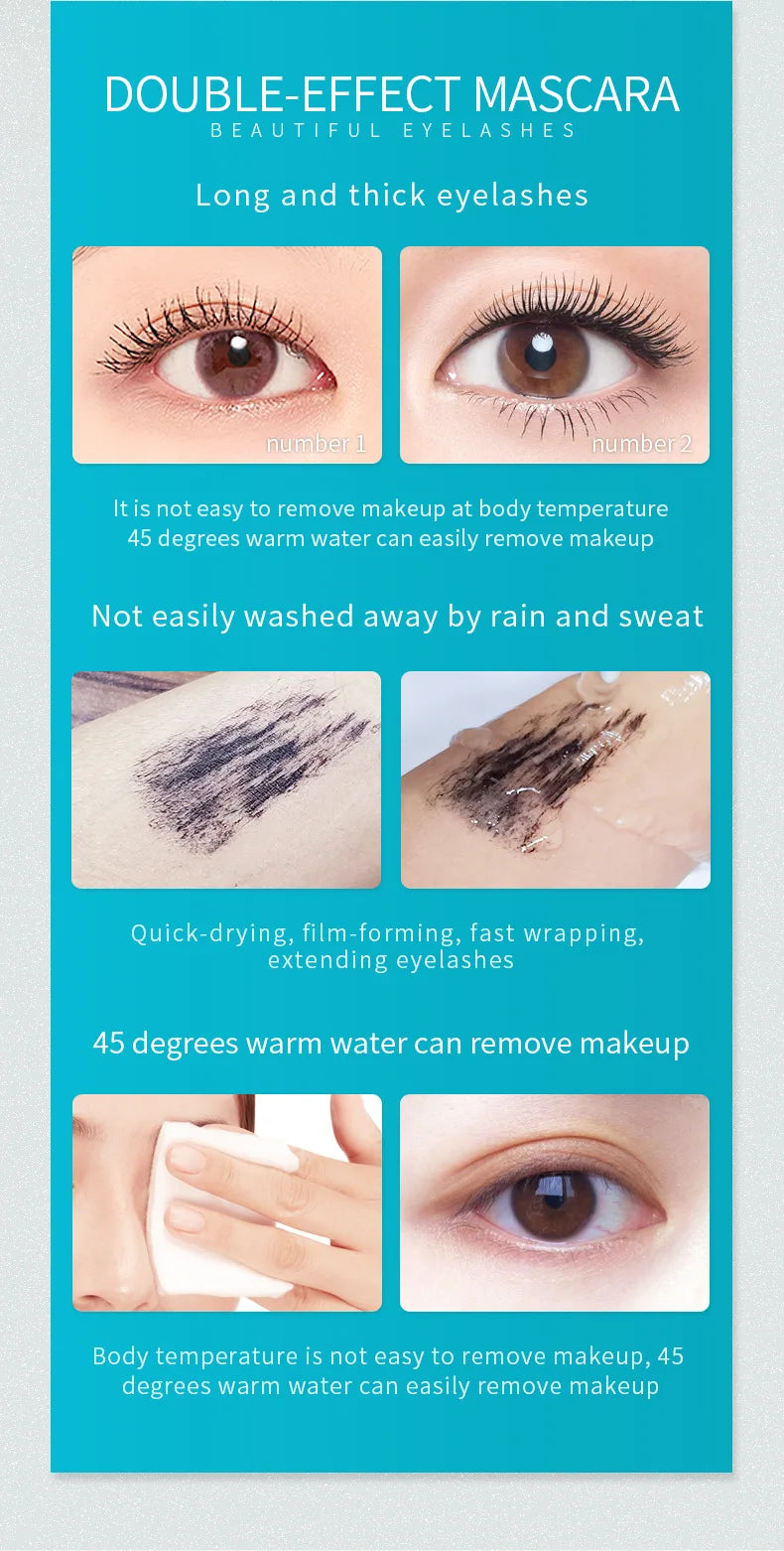 QIC Double Headed 4D Volume Black Mascara Lasting Waterproof Quick Dry Curling Lengthening Longer Eyelash Silk Extension Cream