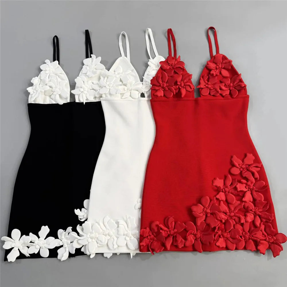 Women Simple 3D Floral Appliques Spaghetti Strap Bandage Dresses Deep V-Neck Backless Club Party Mini Dress