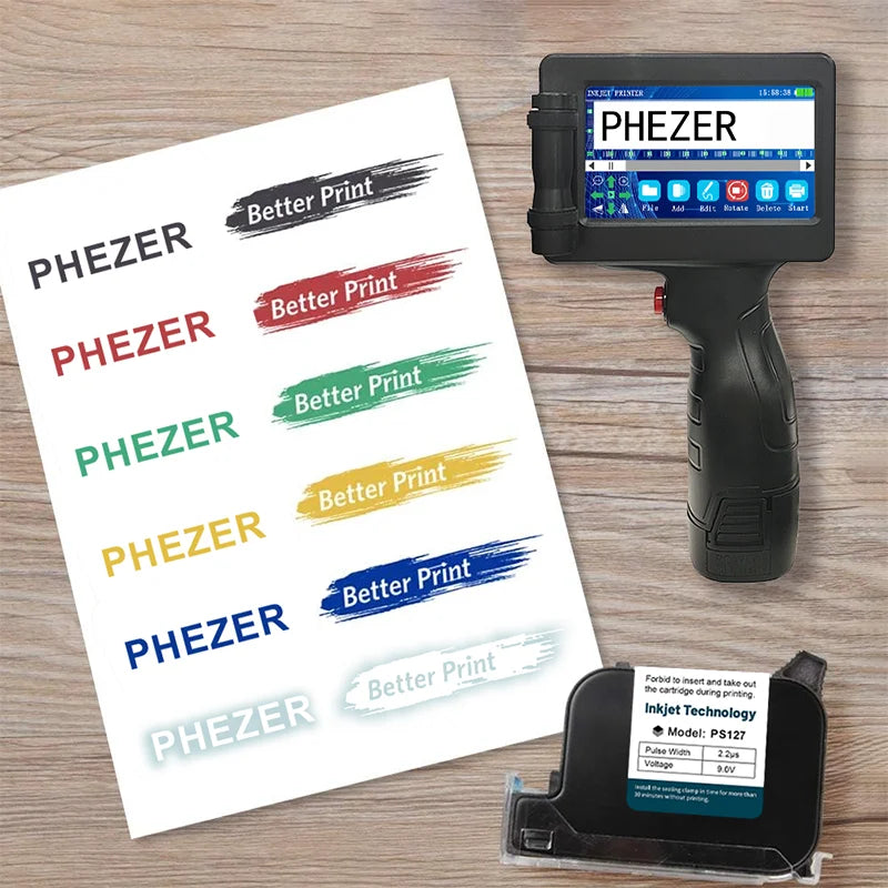 Phezer 1755 Handheld Inkjet Printer 12.7mm Portable Label Printing Machine Expiry Date Number QR Bar Code Logo Red Blue Black