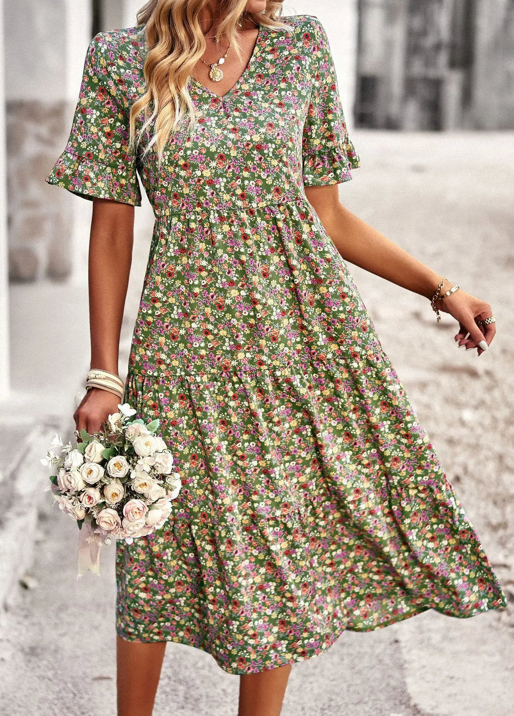 Msfilia Fashion V Neck Elegant Printed Dress Women Summer Short Sleeve High Waist A Line Floral Holiday Dresses