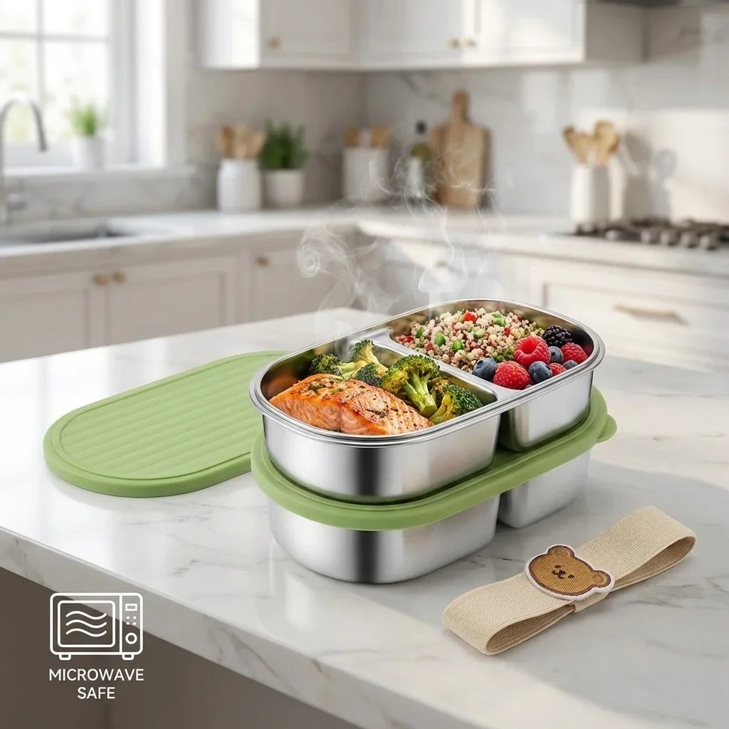 Microwaveable 304 Stainless Steel Bento Box Oval Divided Lunch Box 2 Grids Food Storage Container For Kids Students School