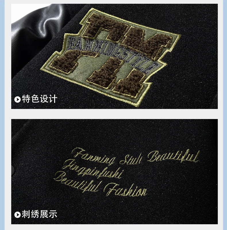 Vintage Letter Embroidered Baseball Jacket Cotton Coat Men's Winter Leather Sleeve Patchwork Woolen Thicken Overcoat