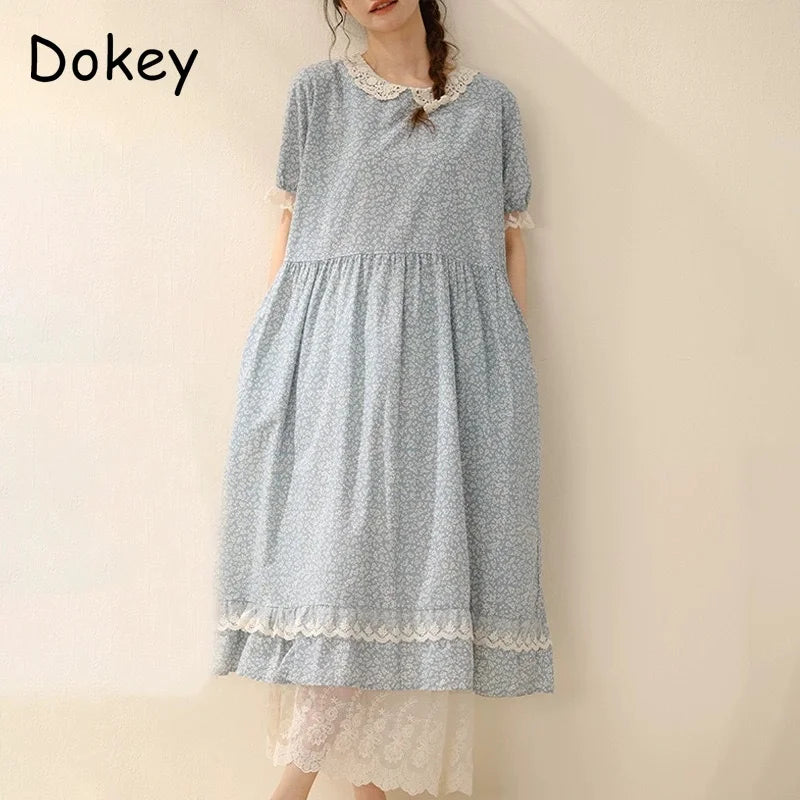 Vintage Ruffled Cotton Linen Flower Dress Women's New Summer Peter Pan Collar Short Sleeve Loose Boho Dress Casual Midi Vestidos