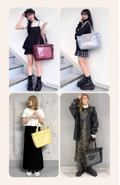 Japanese Sweet Women Ribbon Ita Bag Fashion Large Capacity Tote Bag Aesthetic Shoulder Bag Cute Lolita Girl Transparent Handbags