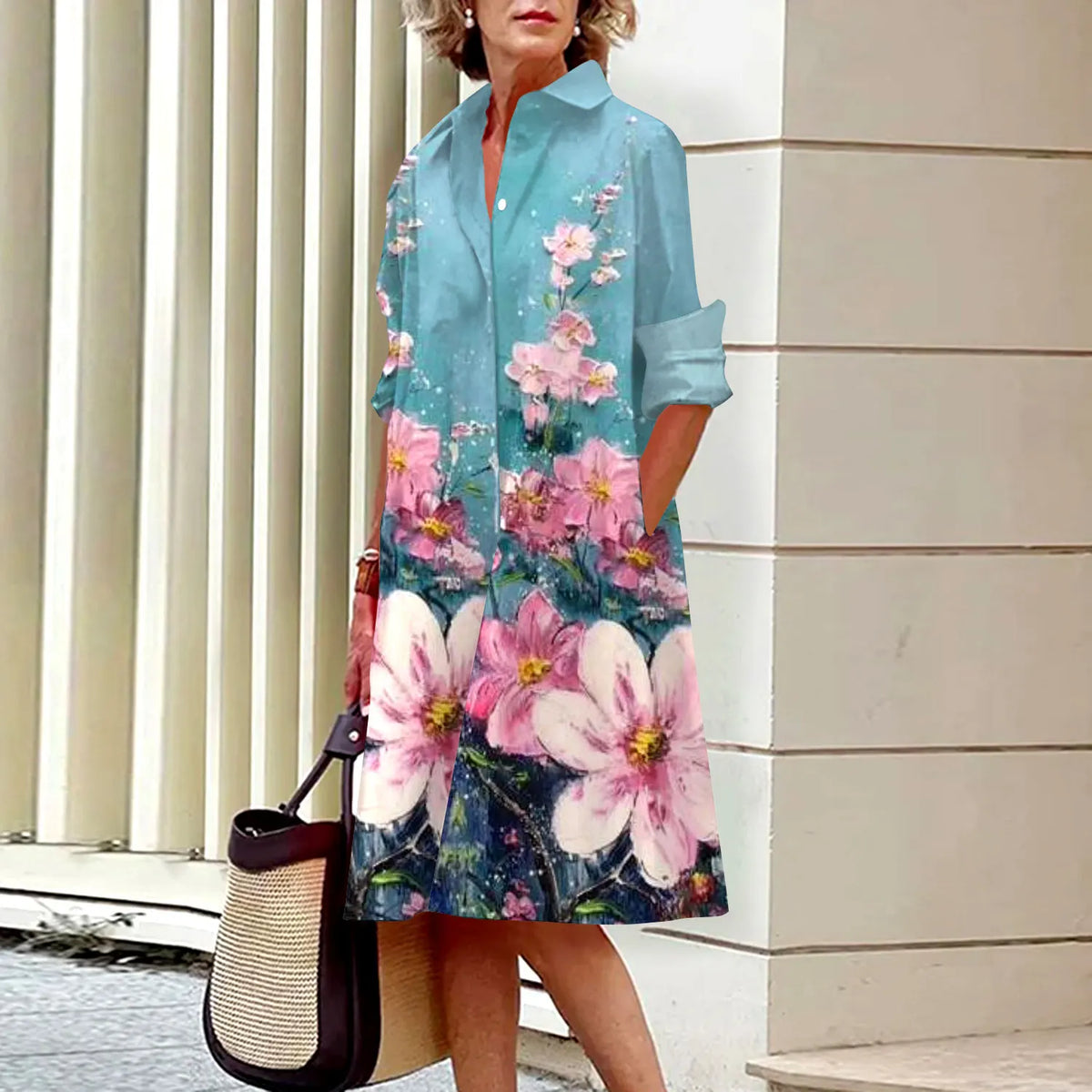 Spring and Summer Women's Dresses Fashion Lapel Printed Long Sleeve Shirt Street Shooting High Temperament New Traveling Gowns