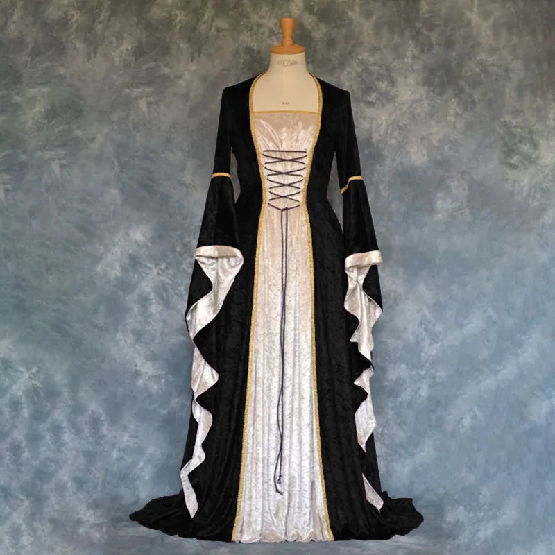 Halloween Women 3XL Plus Size Medieval Retro Court Princress Cosplay Costume Long Dress Elegant Witch Square Collar Masquerade