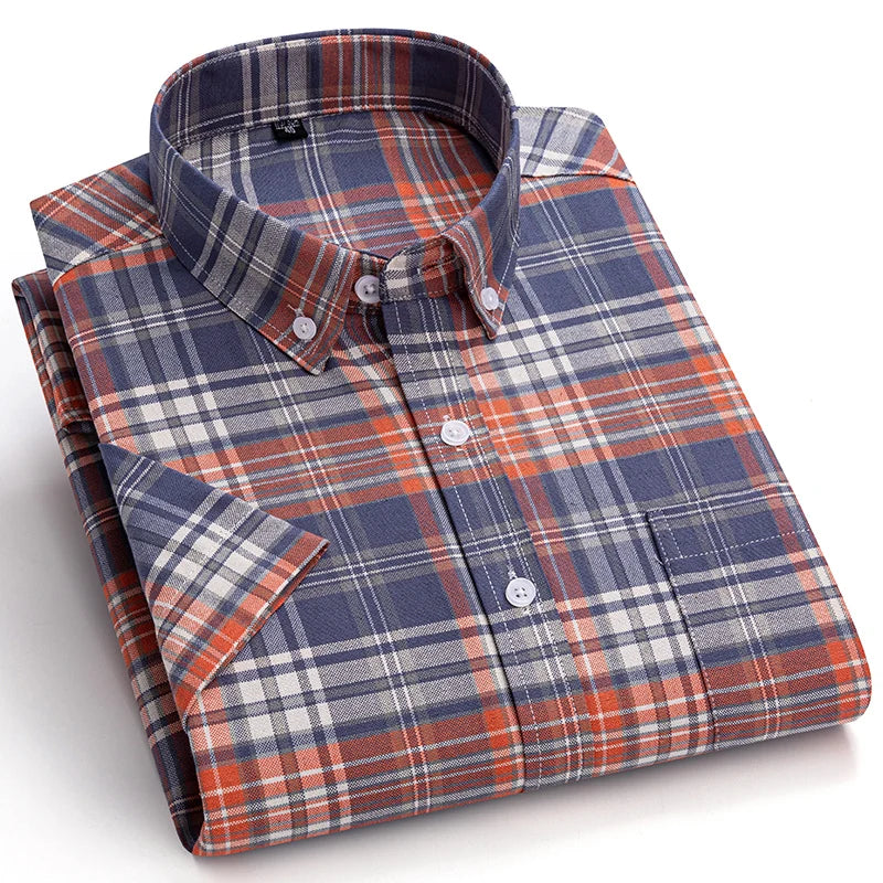 100% Cotton Men Oxford Shirt Short Sleeve Summer Plaid Striped Male Clothes Business Regular Fit Dress Shirt Oversized 7XL 6XL