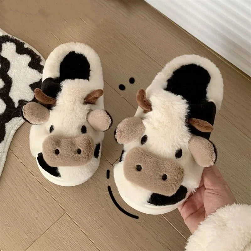 Winter Women Warm Cow Slippers Girls Cute Soft Indoor Bedroom Sandals Men Non-slip Plush Slides Couples Funny Flat Flip Flops