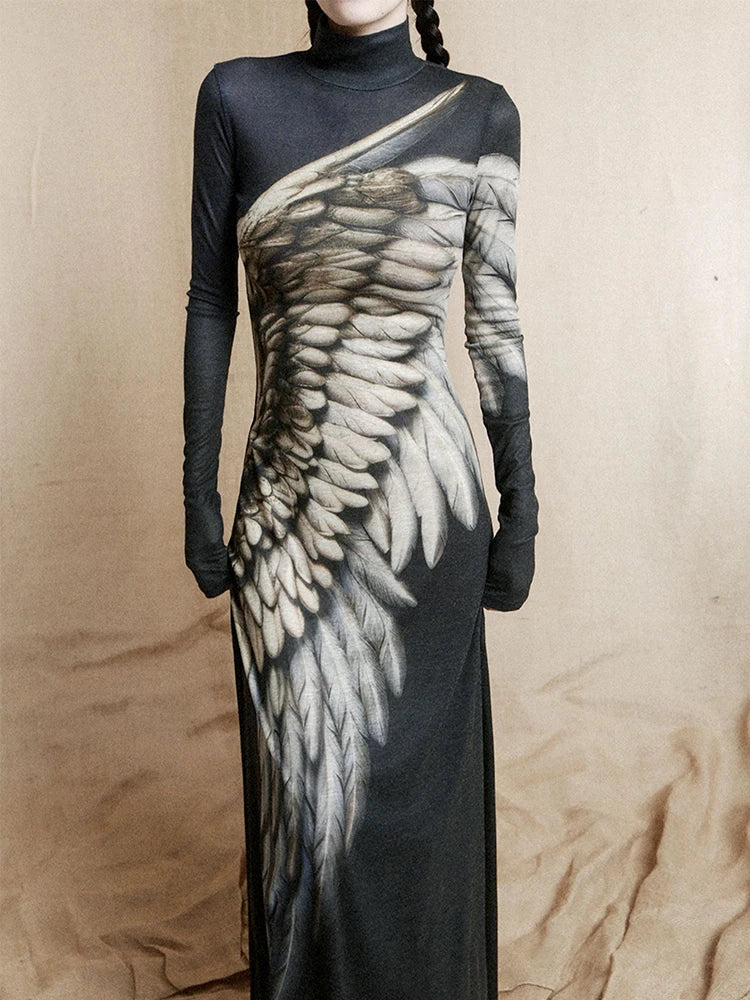 CHEERART Vintage Wing Feather Long Sleeve Dresses Fall 2025 Fashion Woman Turtleneck Mesh A Line Maxi Dress Evening Luxury
